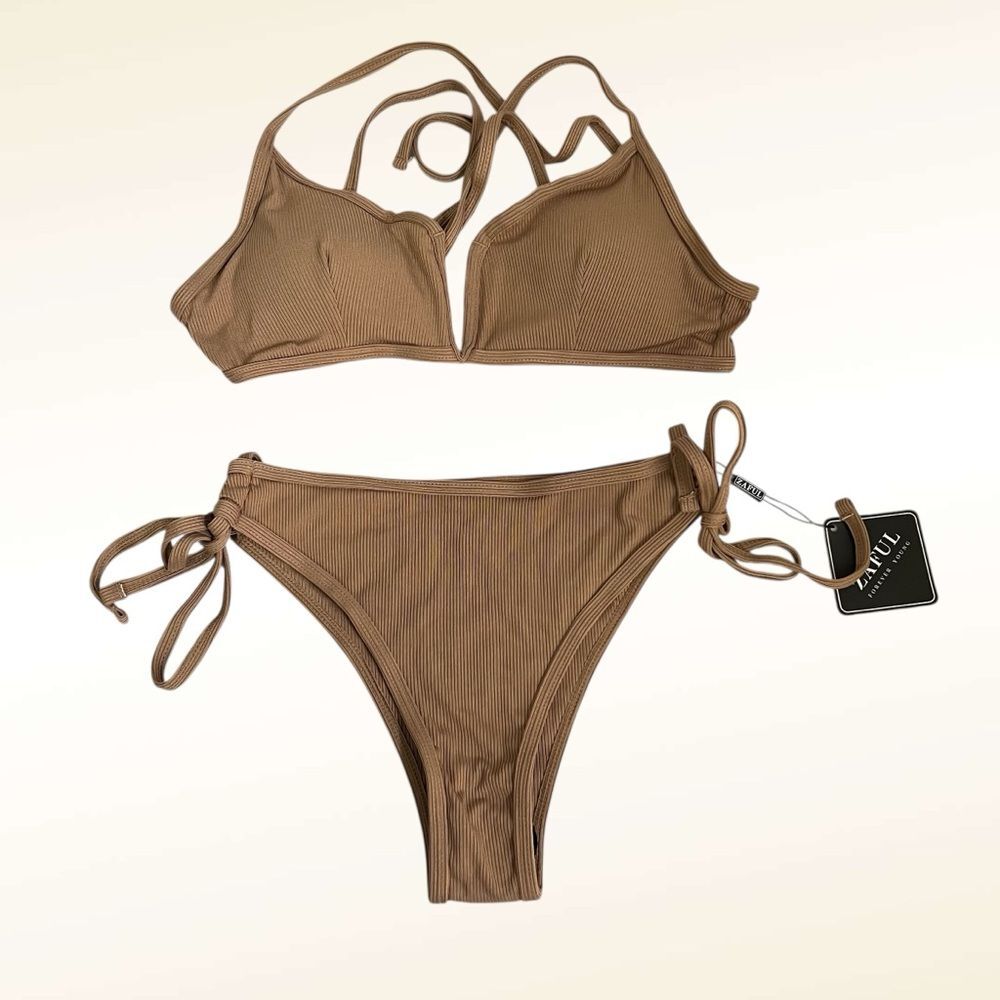 Zaful Ribbed String Bikini NWT Size 4 Coffee Brown Beach Vacation Neutral